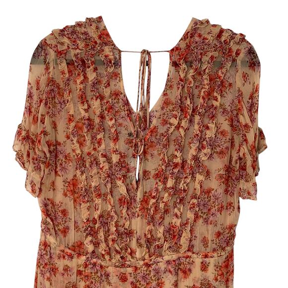 The Kooples Paris S Cottagecore Ruffle Midi Dress Tan Pink Floral Flowy Chiffon - Picture 13 of 16